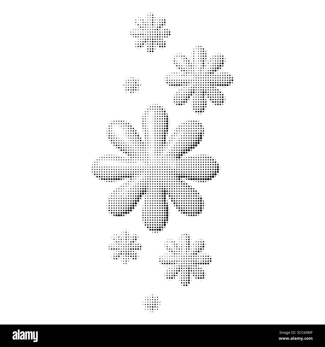 Formes de fleurs demi-teintes rétro en noir sur fond blanc. Composition vectorielle pointillée avec des silhouettes florales groovy. Elément décoratif isolé pour Illustration de Vecteur