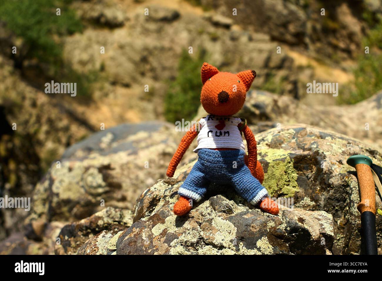 Un renard jouet tricoté tenant une saucisse rôtie sur un bâton, avec un fond sauvage. Photographié en juillet 2025. Banque D'Images