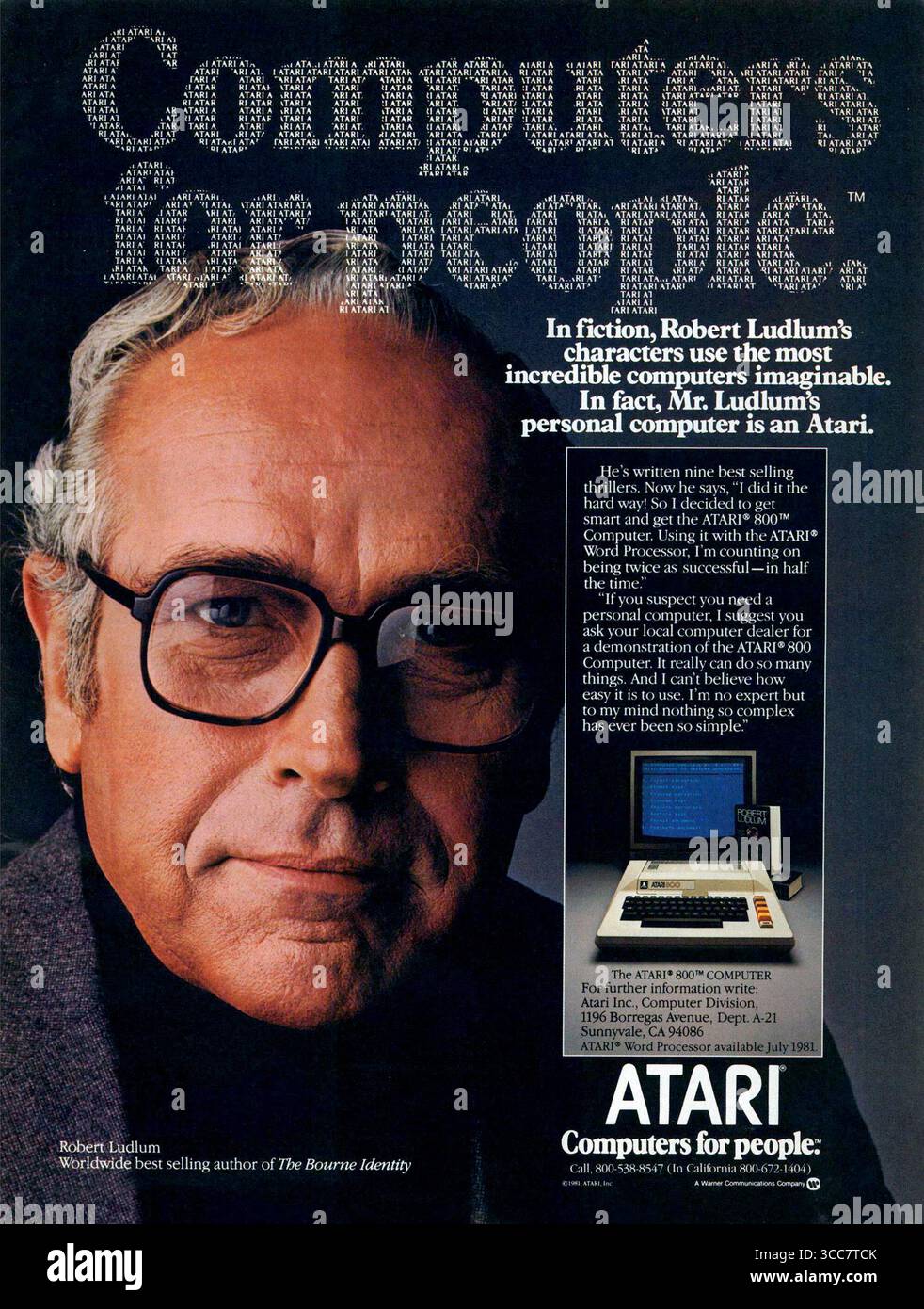 1981 annonce informatique Atari 800 mettant en vedette Robert Ludlum Banque D'Images