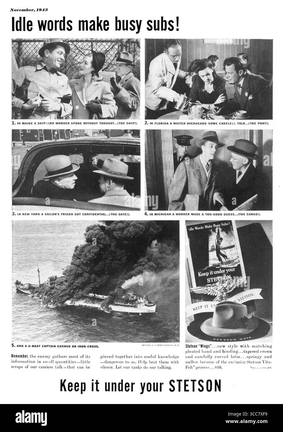 1943 Stetson Hat WW2 ad 'Idle Words Make Busy Subs ! Garde-le sous ton Stetson. Banque D'Images