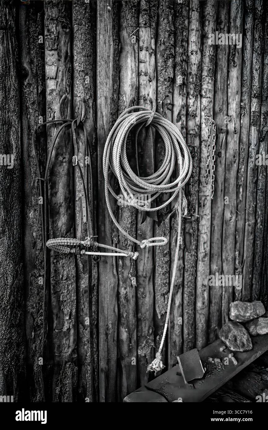 Un lasso enroulé et une bride sont accrochés au mur grossièrement taillé d'une grange en rondins, évoquant l'esprit de la vie des cow-boys sur la gamme. Banque D'Images