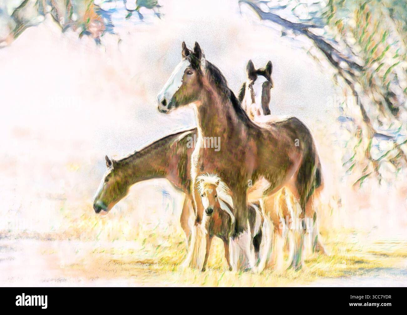 Groupe de trois chevaux de trait Clydesdale adultes avec un ami de cheval miniature dans le champ. Photo numérique stylisée Banque D'Images