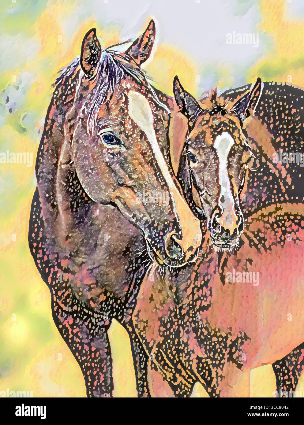 La jument femelle adulte et le poulain de bébé cheval se touchent tendrement. Photo numérique stylisée Banque D'Images