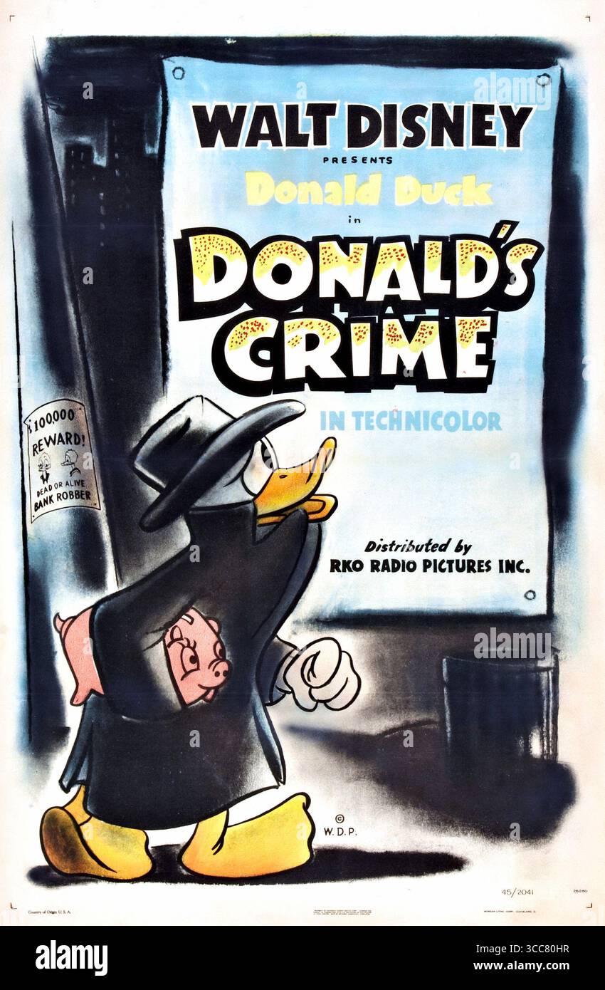 1945 Walt Disney court métrage d'animation affiche du crime de Donald Banque D'Images