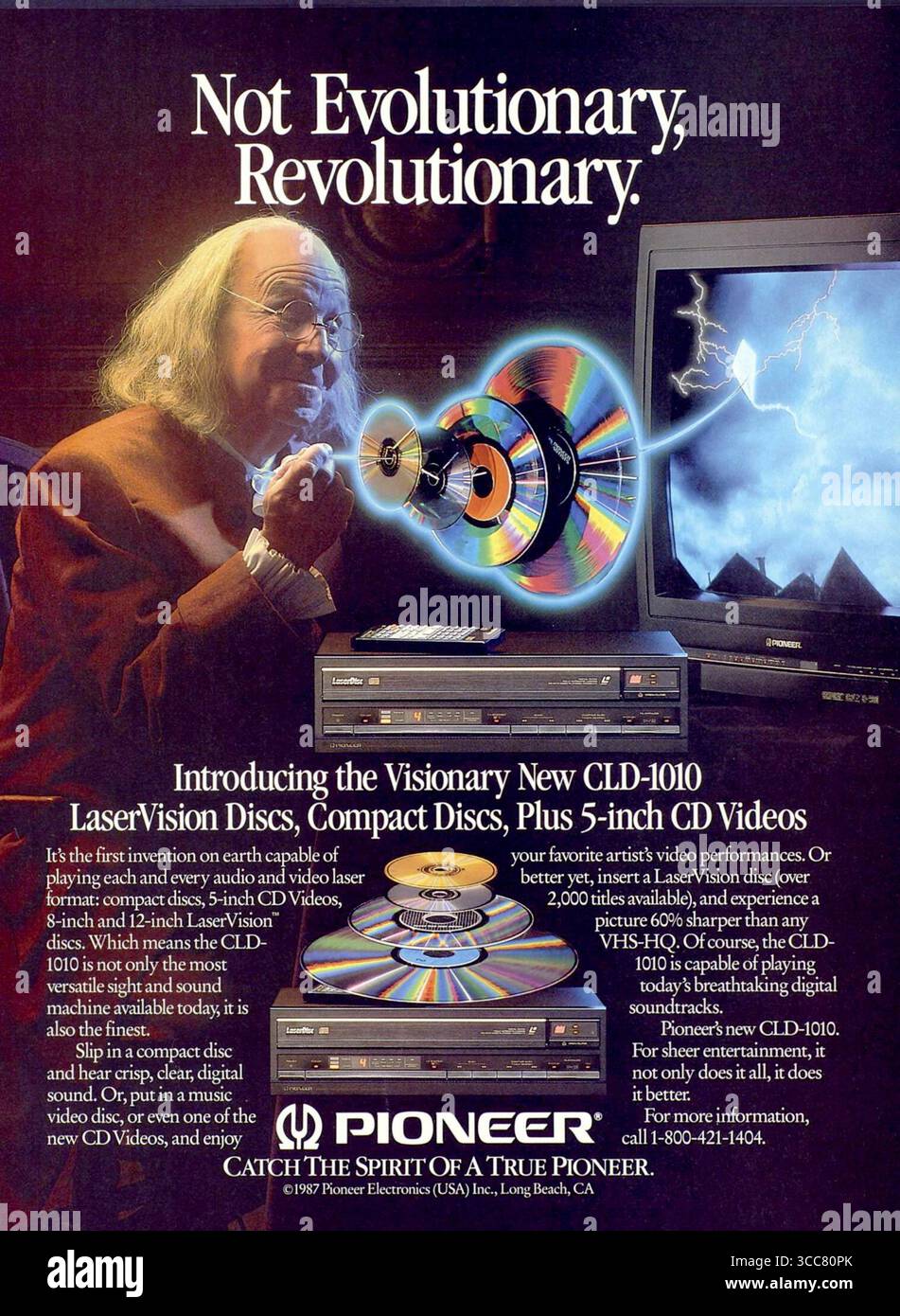 1988 Pioneer CLD-1010 LaserVision système de disques capable de lire des disques LaserVision, des disques compacts (CD) et des vidéos CD de 5 pouces, mettant en vedette Benjamin Franklin Banque D'Images