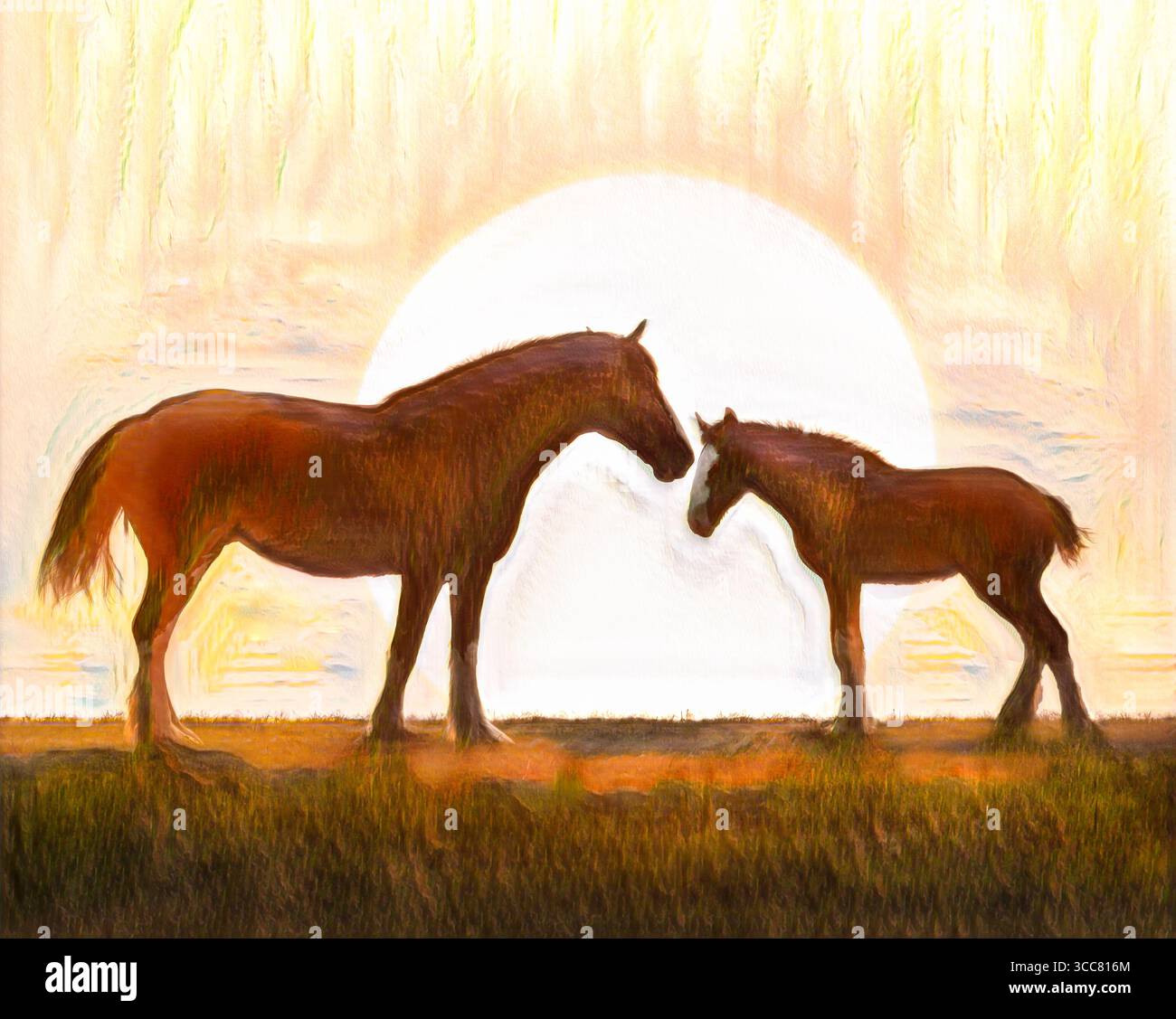 Femelle adulte Clydesdale jument de cheval de trait et silhouette d'animal de bébé poulain à l'horizon avec un soleil énorme. Photo numérique stylisée Banque D'Images