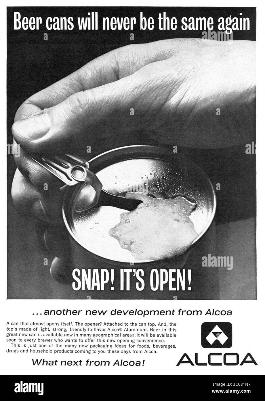 Publicité en aluminium Alcoa 1963 - bouchon Pop Top Beer Clip ouvre-languette Banque D'Images