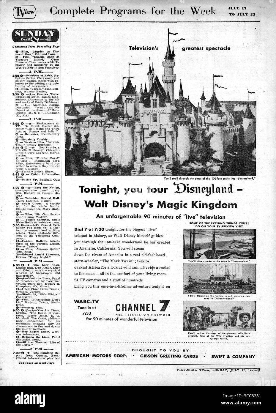 1955 avant-première télévisée de Disneyland, 'Tonight, you tour Disneyland - Walt Disney's Magic Kingdom'. « 90 minutes de télévision en direct » diffusées sur WABC-TV, Channel 7. Banque D'Images