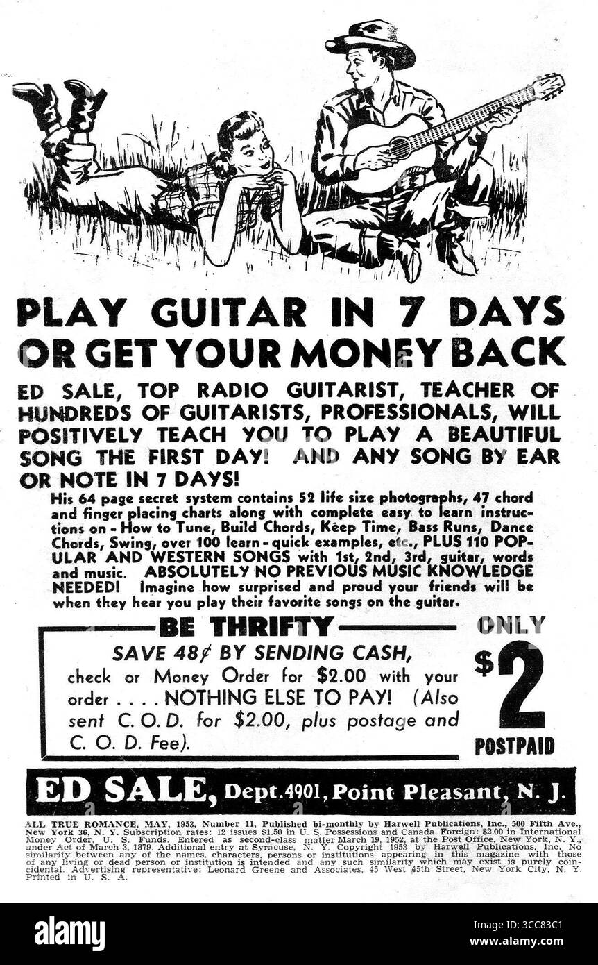 1953 Jouez de la guitare en 7 jours ou récupérez votre argent ! Ad Ed Sale guitariste secret système Banque D'Images
