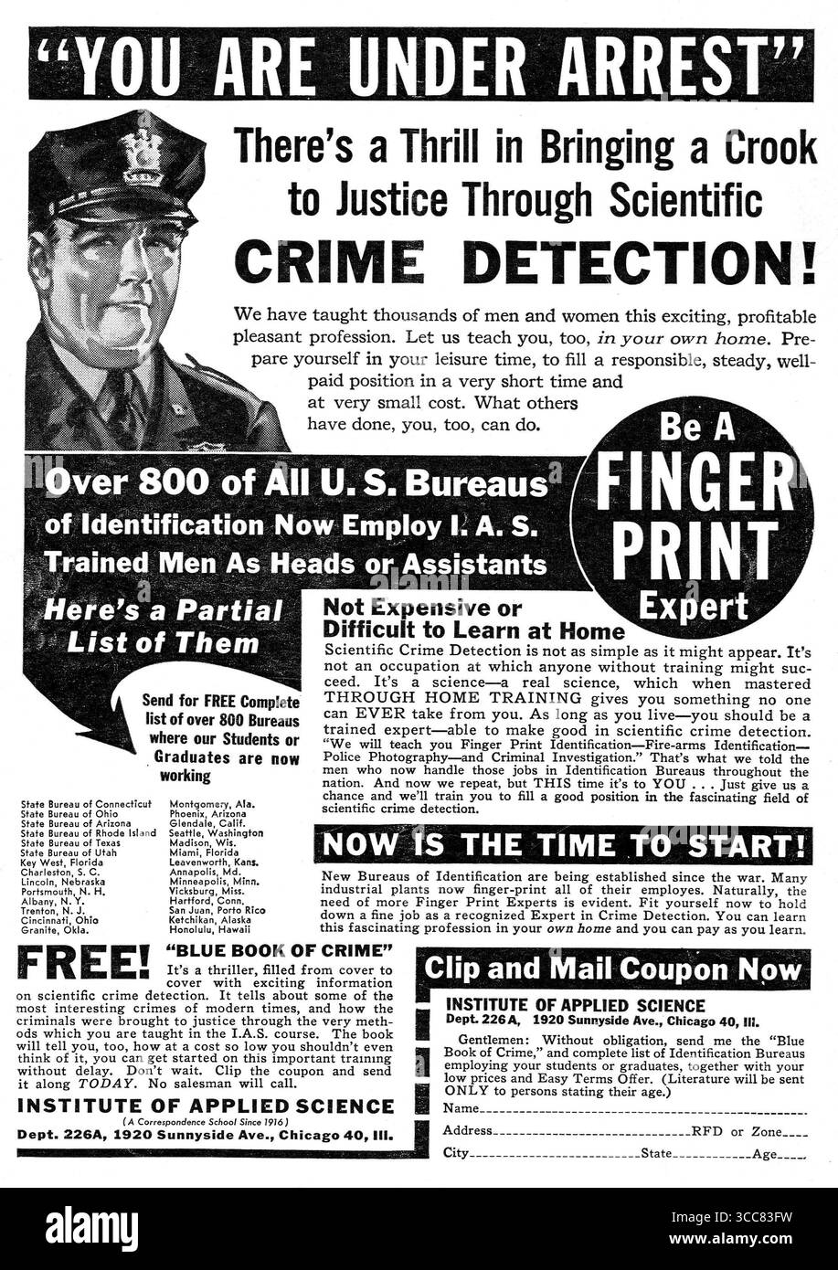 1950 publicité pour l'Institute of Applied Science Chicago, promotion d'un cours d'étude à domicile sur les empreintes digitales et la détection scientifique des crimes Banque D'Images