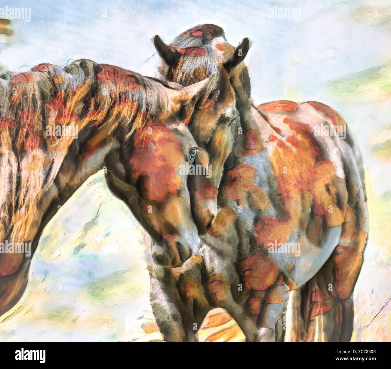 Étalon Quarter Horse adulte et jument touch. Photo numérique stylisée Banque D'Images