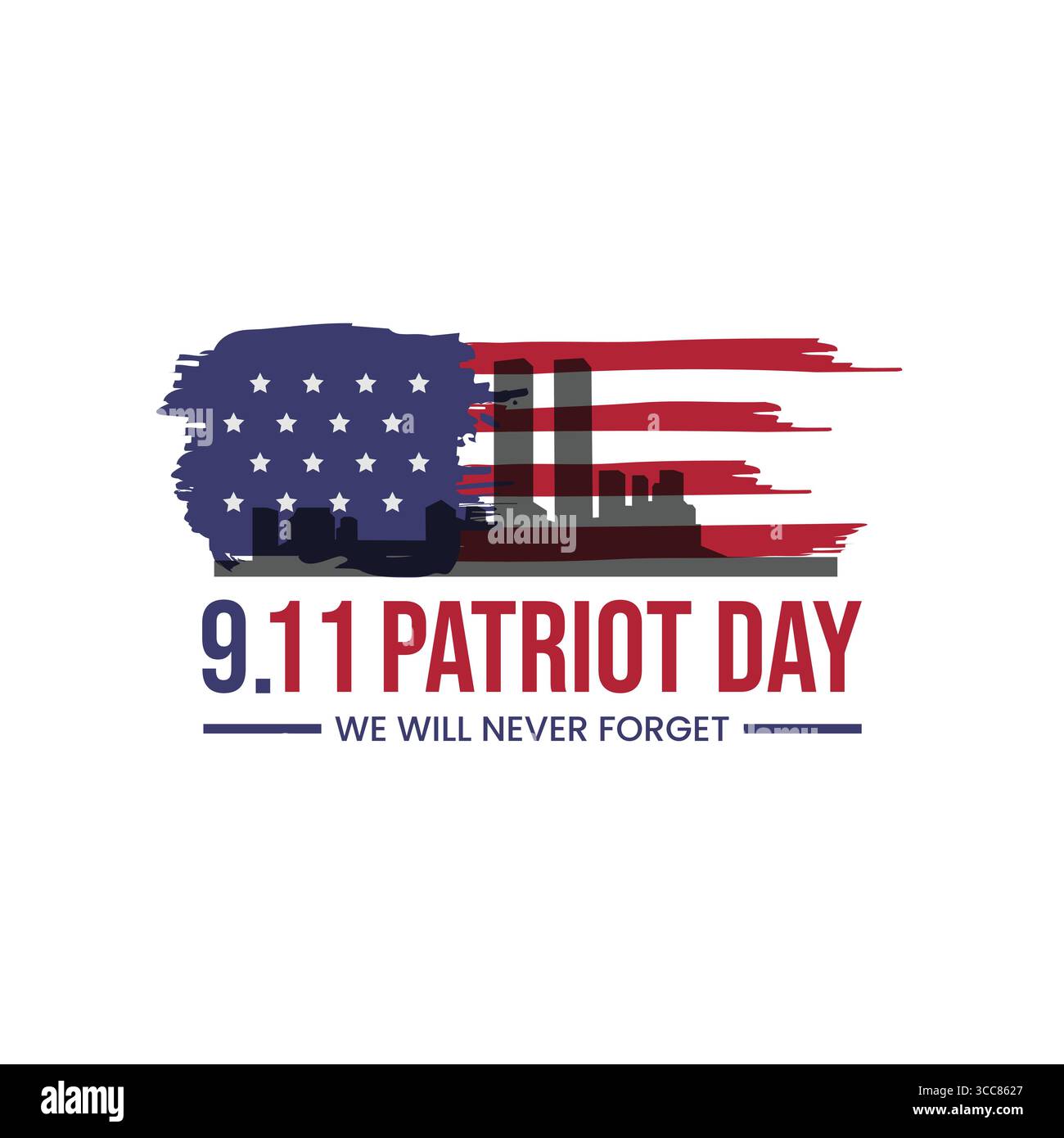 Patriotic 9,11 illustration d'hommage avec un coup de pinceau drapeau américain et silhouette Twin Towers, symbolisant le souvenir et l'unité. Idéal pour l'habillement Illustration de Vecteur