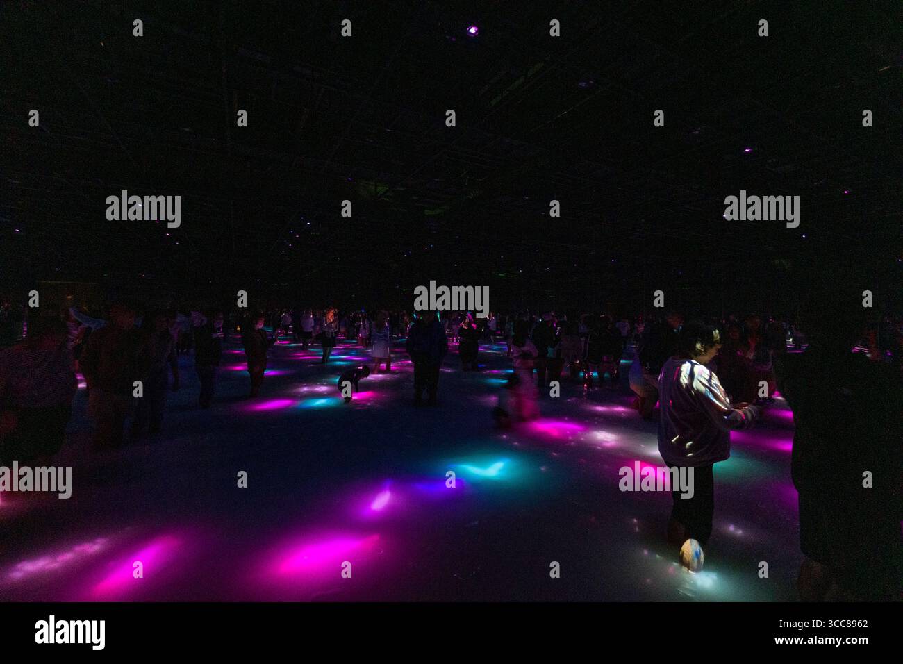 Visiteurs marchant dans l'eau profonde de la cheville en profitant de l'exposition interactive danse de Koi et People - Infinity au musée d'art moderne Teamlab Planets, Toy Banque D'Images