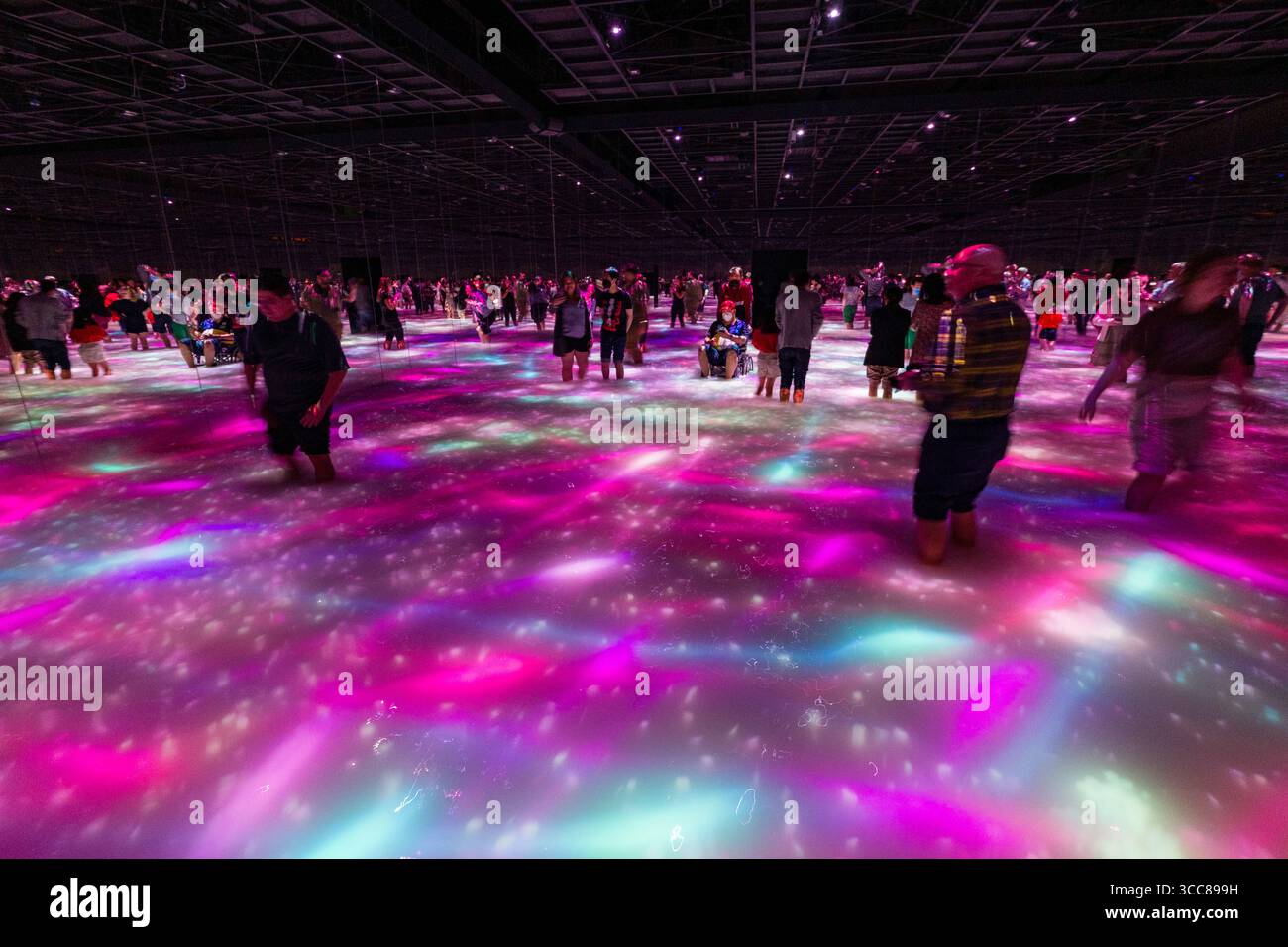 Visiteurs marchant dans l'eau profonde de la cheville en profitant de l'exposition interactive danse de Koi et People - Infinity au musée d'art moderne Teamlab Planets Banque D'Images