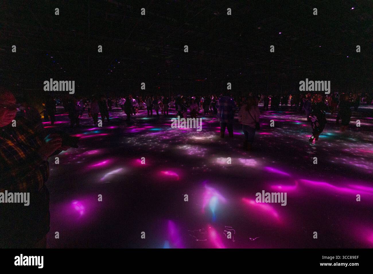 Visiteurs marchant dans l'eau profonde de la cheville en profitant de l'exposition interactive danse de Koi et People - Infinity au musée d'art moderne Teamlab Planets, Toy Banque D'Images