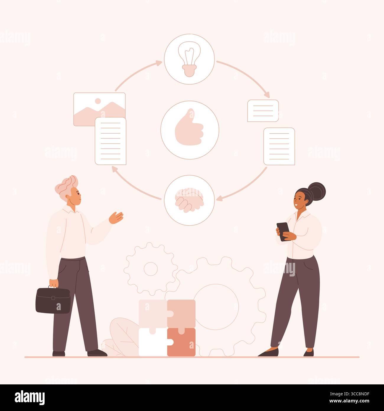 Compétences générales d'écoute active, commentaires des clients et collaboration de la productivité des employés. Minuscules personnes et boucle de conversation, échange efficace et partage d'idées illustration vectorielle de dessin animé Illustration de Vecteur