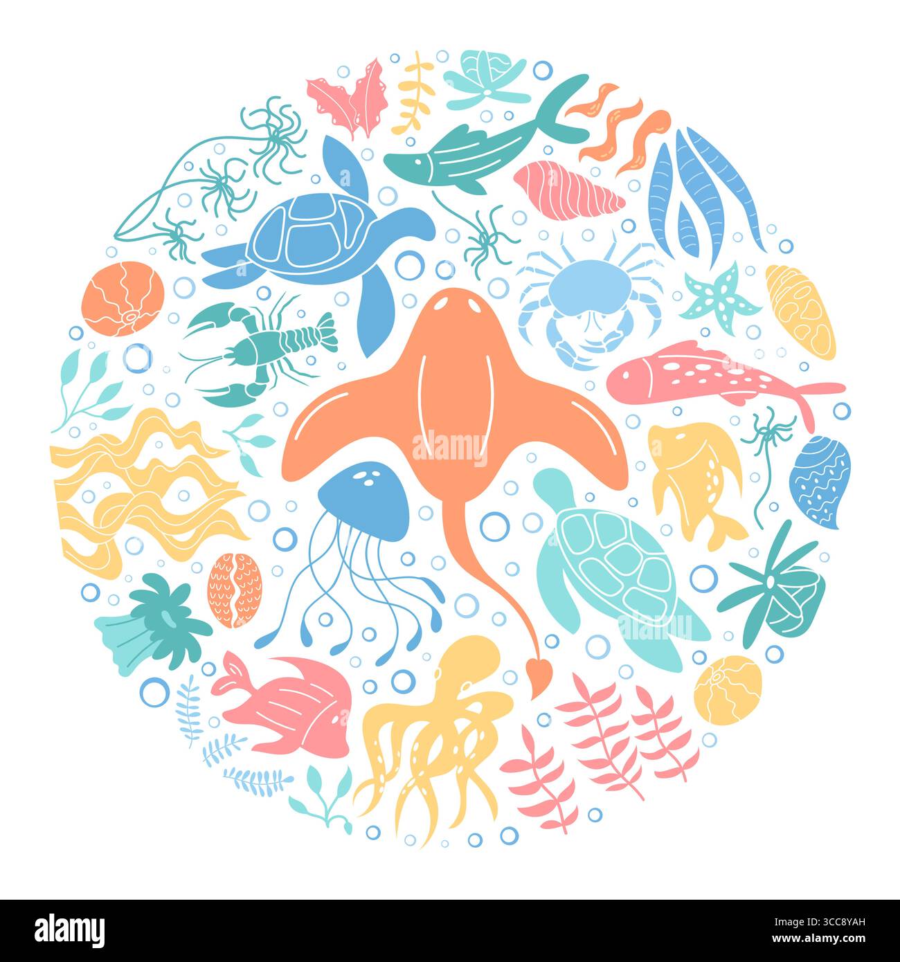 Autocollant rond de concept de vie marine sous-marine Illustration de Vecteur