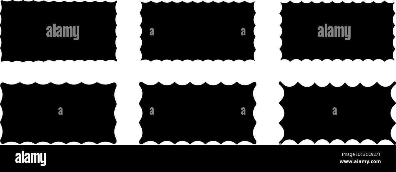 Ensemble de différentes formes rectangulaires avec des bords mobiles. Formes rectangulaires avec bordures ondulées. Étiquettes ou étiquettes noires vides, bulles vocales ou boîtes de message. Illustration graphique vectorielle. Illustration de Vecteur