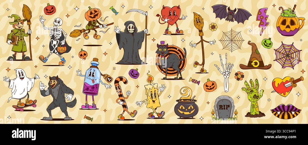 Dessins animés groovy personnages d'Halloween et symboles de vacances. Personnages vectoriels psychédéliques rétro de citrouille d'horreur, fantôme effrayant et squelette. Groovy Spooky zombie, chauve-souris, truc d'Halloween ou friandises Illustration de Vecteur