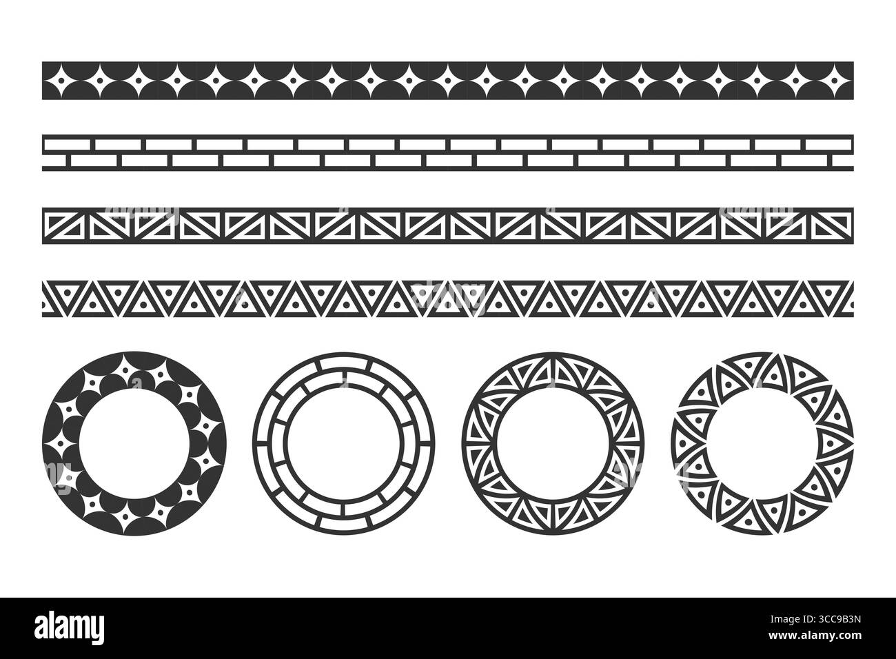 Une collection de motifs de bordure géométrique noir et blanc. Illustration de Vecteur