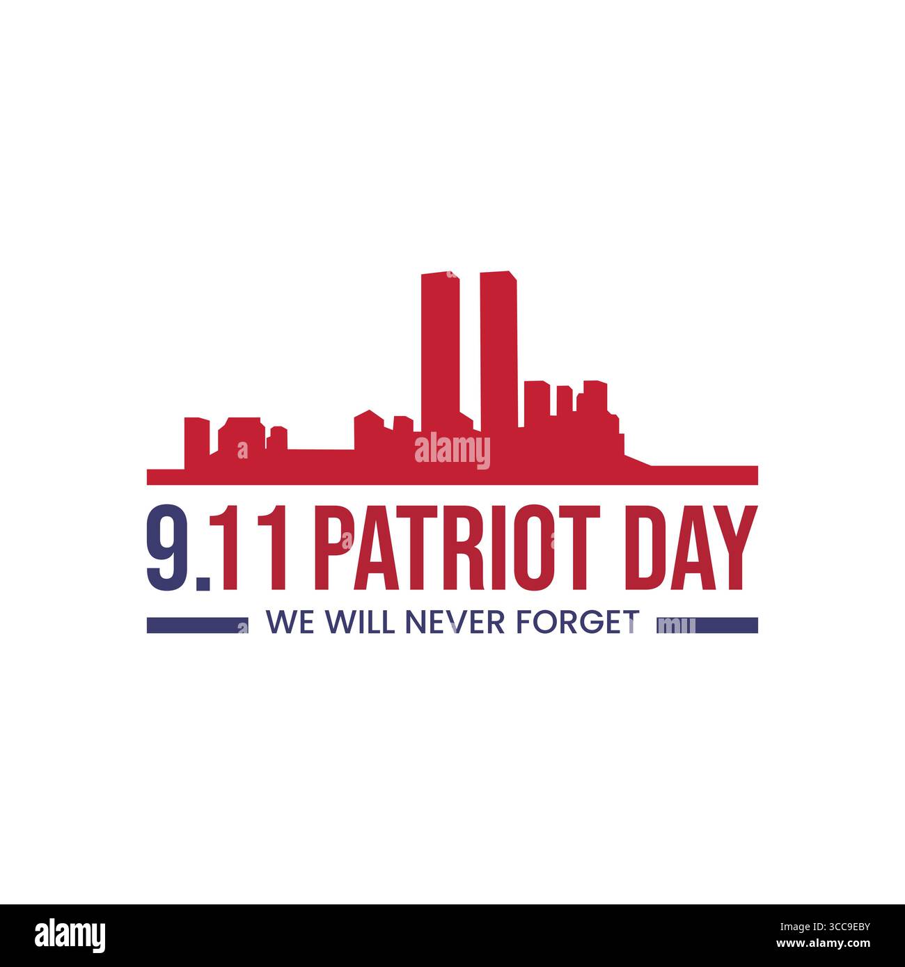 Design simple mais puissant du Patriot Day avec une silhouette rouge de l'horizon de New York et des Twin Towers. Un style vectoriel épuré parfait pour l'impression, Illustration de Vecteur