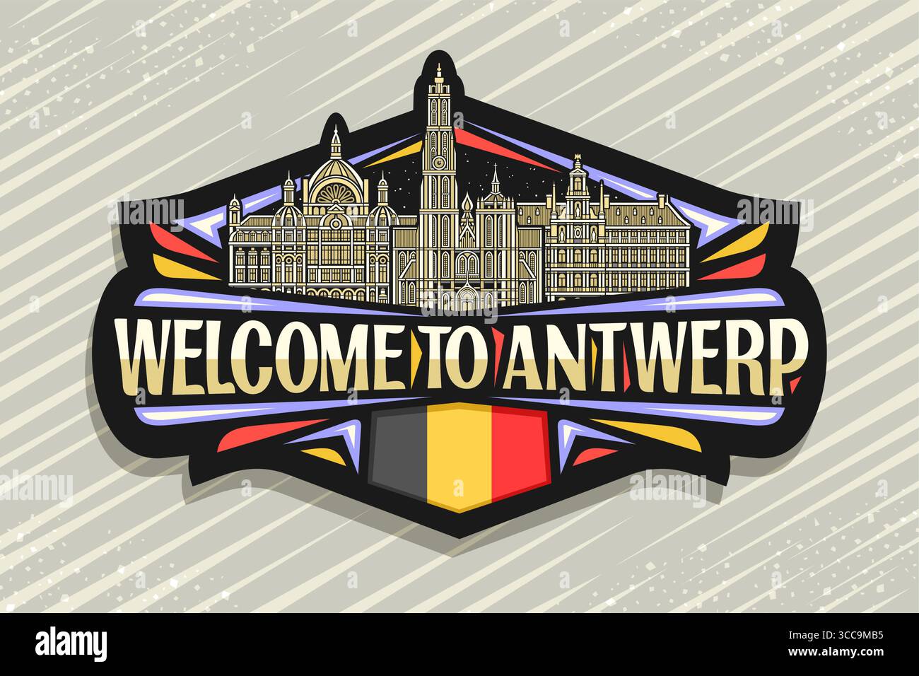 Logo vectoriel pour Anvers, étiquette décorative noire avec illustration détaillée du paysage de ville panoramique d'anvers sur fond de ciel nocturne, design d'art urbain Illustration de Vecteur
