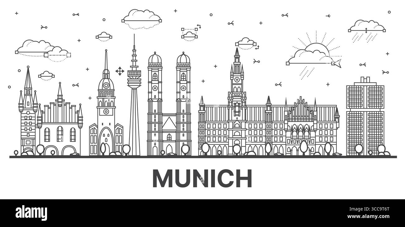 Aperçu Munich Allemagne ville horizon avec des bâtiments modernes et historiques isolés sur blanc. Illustration vectorielle. Paysage urbain de Munich avec des monuments. Illustration de Vecteur