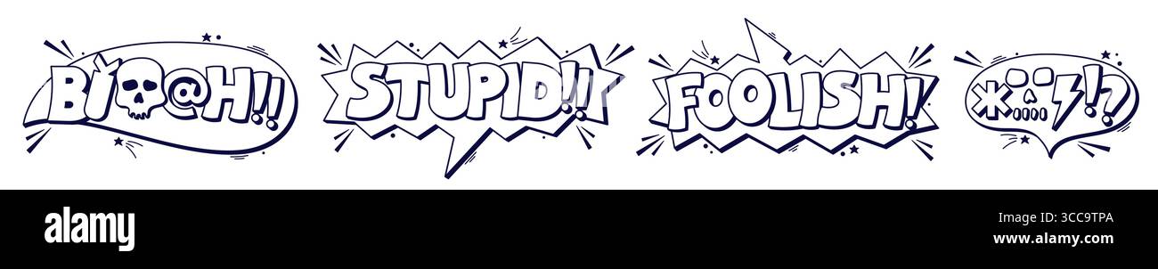 Ensemble de bulles de discours de jurer avec des mots stupides, stupides et petits détails autour. Illustration de Vecteur
