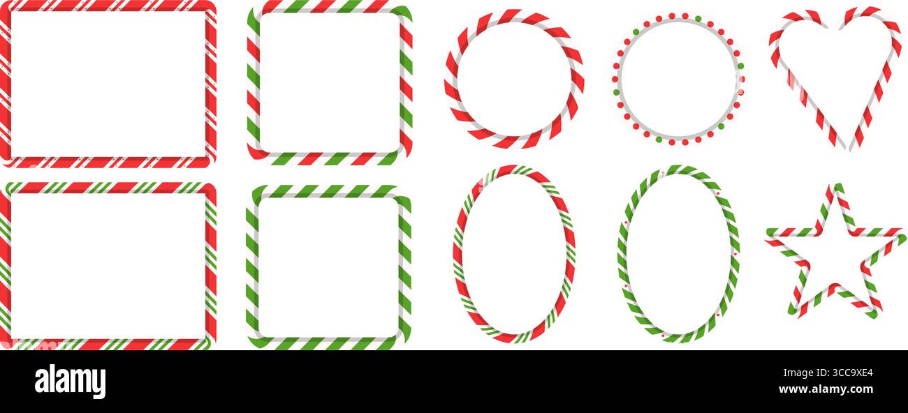 Ensemble de cadre de canne de bonbons de Noël. Rectangle, cercle, étoile et bordures de coeur dans le style sucette rayé rouge et vert Illustration de Vecteur