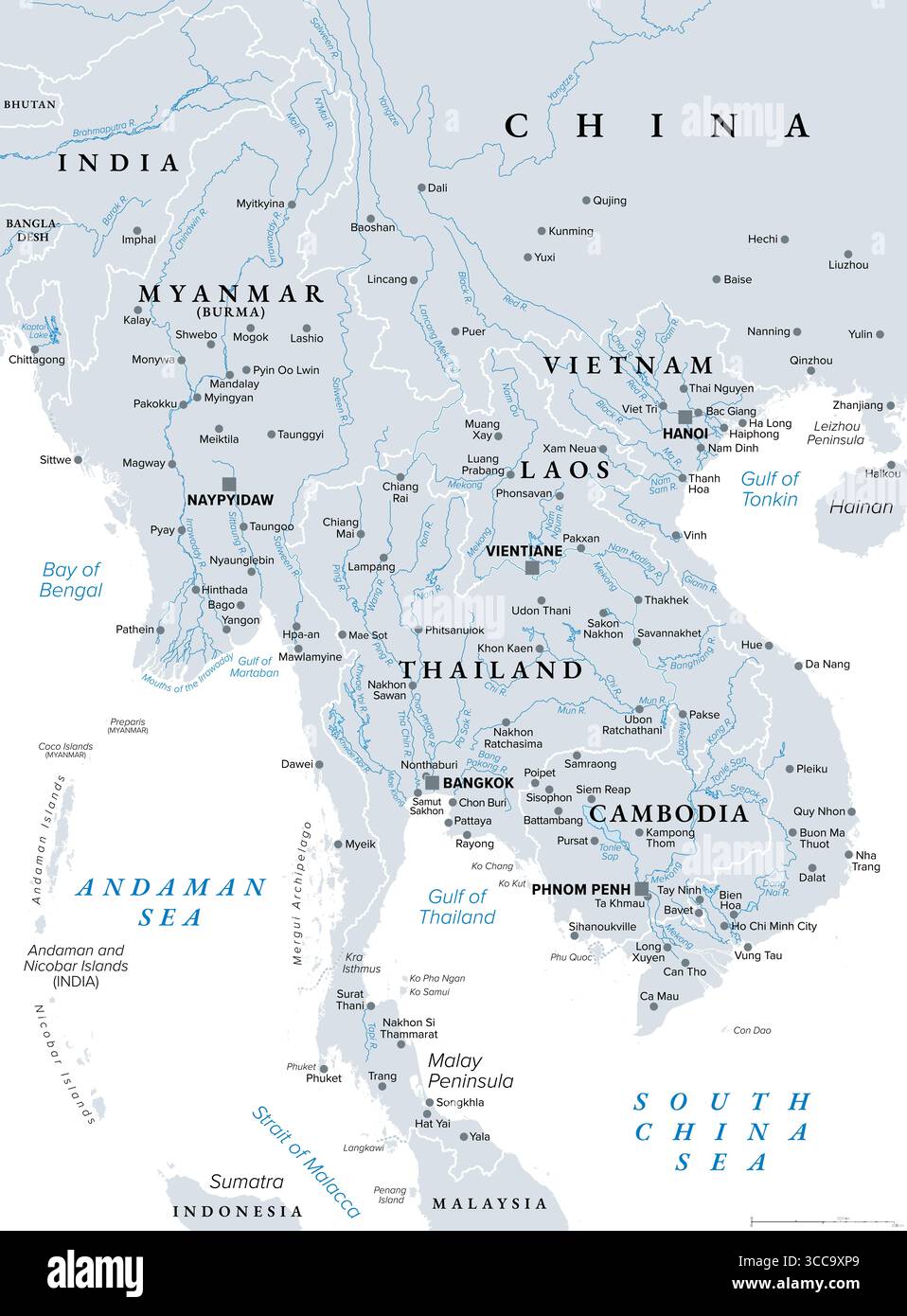 Asie du Sud-est continentale, grands fleuves, carte politique. Les plus grands fleuves et villes de la partie nord de l'Asie du Sud-est continentale. Voies navigables importantes. Banque D'Images