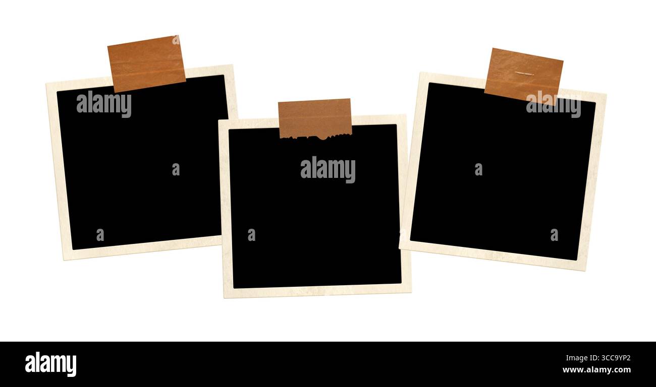 Trois photos de cadre avec bandes adhésives. Grille d'album photos pour scrapbooking. Tableau d'humeur de style vintage. Isolé sur fond blanc. Co Banque D'Images