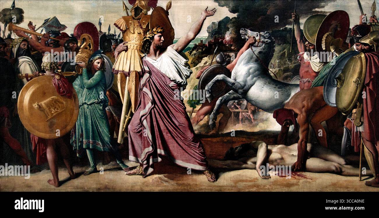La victoire de Romulus sur Acron (Romulus, Conquérant d'Acron) porte le riche butin du Temple de Zeus 1812 Jean Auguste Dominique France Musée Louvre Paris ( le tableau représente la guerre qui a résulté de l'enlèvement romain des jeunes Sabines dans un effort pour remédier à la pénurie de femmes dans la ville nouvellement fondée de Rome. En représailles, Acron, le roi de la tribu voisine, les Caeninenses, déclara la guerre aux Romains. Lui et ses tribus ont été impitoyablement vaincus et leur ville saccagée par les Romains) Banque D'Images La victoire de Romulus sur Acron (Romulus, Conquérant d'Acron) porte le riche butin du Temple de Zeus 1812 Jean Auguste Dominique France Musée Louvre Paris ( le tableau représente la guerre qui a résulté de l'enlèvement romain des jeunes Sabines dans un effort pour remédier à la pénurie de femmes dans la ville nouvellement fondée de Rome. En représailles, Acron, le roi de la tribu voisine, les Caeninenses, déclara la guerre aux Romains. Lui et ses tribus ont été impitoyablement vaincus et leur ville saccagée par les Romains) Banque D'Images