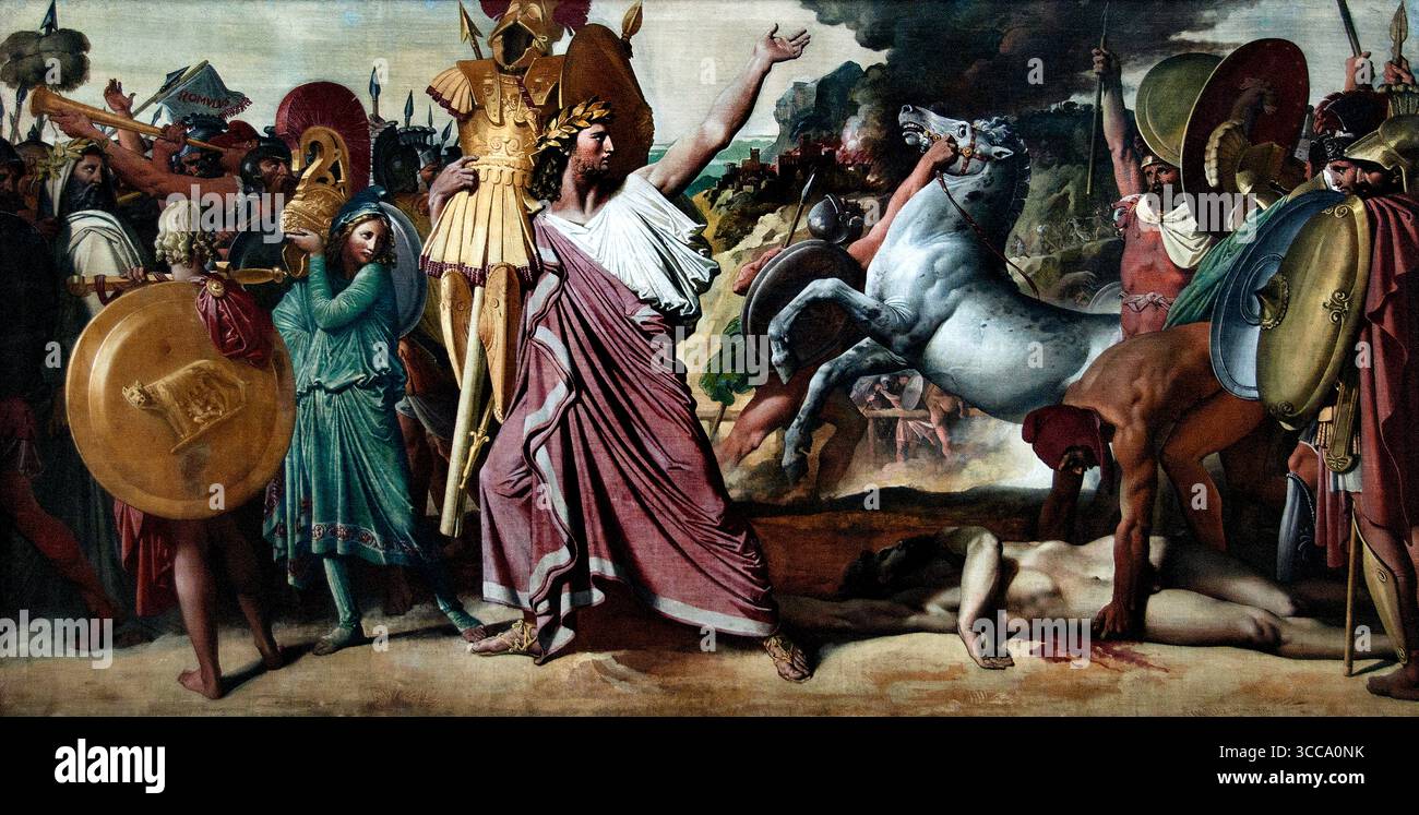 La victoire de Romulus sur Acron (Romulus, Conquérant d'Acron) porte le riche butin du Temple de Zeus 1812 Jean Auguste Dominique France Musée Louvre Paris ( le tableau représente la guerre qui a résulté de l'enlèvement romain des jeunes Sabines dans un effort pour remédier à la pénurie de femmes dans la ville nouvellement fondée de Rome. En représailles, Acron, le roi de la tribu voisine, les Caeninenses, déclara la guerre aux Romains. Lui et ses tribus ont été impitoyablement vaincus et leur ville saccagée par les Romains) Banque D'Images La victoire de Romulus sur Acron (Romulus, Conquérant d'Acron) porte le riche butin du Temple de Zeus 1812 Jean Auguste Dominique France Musée Louvre Paris ( le tableau représente la guerre qui a résulté de l'enlèvement romain des jeunes Sabines dans un effort pour remédier à la pénurie de femmes dans la ville nouvellement fondée de Rome. En représailles, Acron, le roi de la tribu voisine, les Caeninenses, déclara la guerre aux Romains. Lui et ses tribus ont été impitoyablement vaincus et leur ville saccagée par les Romains) Banque D'Images
