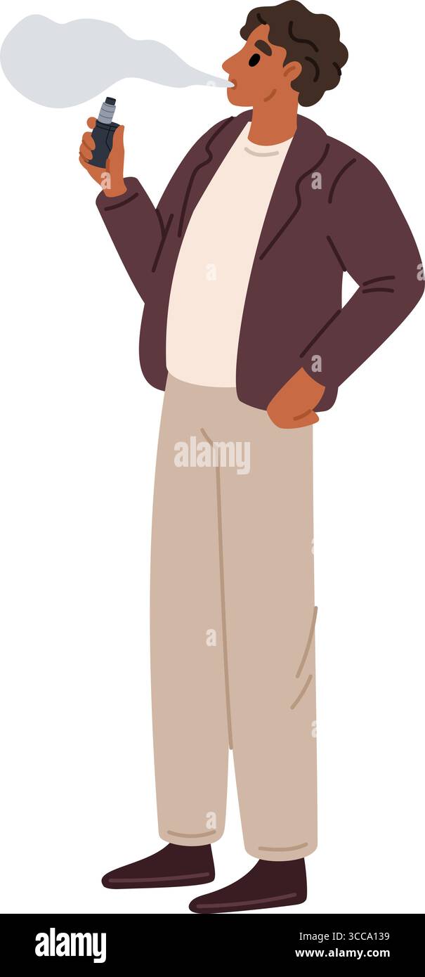 L'homme fume la cigarette électronique. Le gars prend une bouffée et laisse la vapeur sortir de la bouche. Dépendance à la nicotine. Personne inhalant de la fumée. Mode de vie malsain. Esprit fumeur Illustration de Vecteur