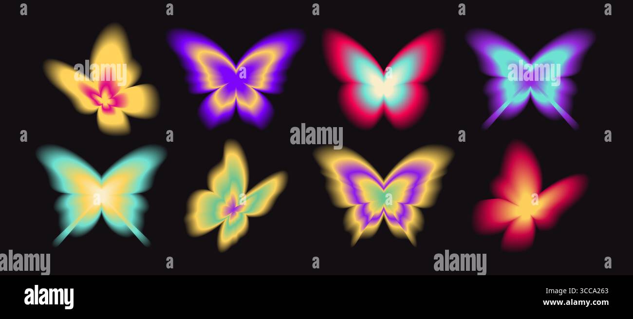 Formes de papillon dégradées avec effets de flou lumineux - couleurs néon mélangeant jaune rose, ailes orange violet, motifs cyan magenta, lueur éthérée se répandant sur fond noir pour les conceptions de la nature. Illustration de Vecteur