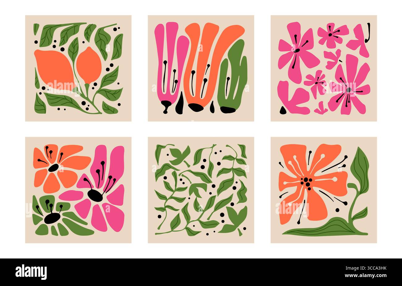 Carrés d'art floral groovy inspirés du style Matisse - imprimés botaniques boho avec des fleurs orange, roses et vertes sur beige. Fleurs de style rétro découpées dans des compositions abstraites pour décoration murale Illustration de Vecteur