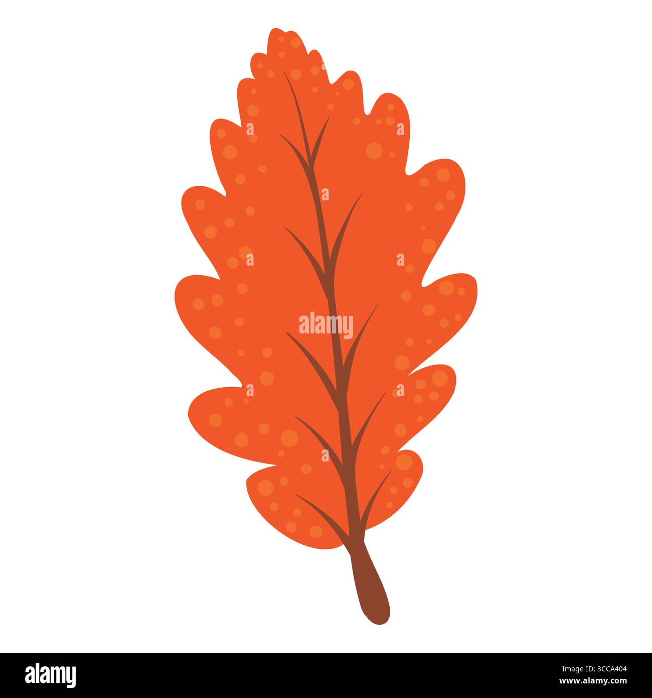Feuille de chêne rouge-orange avec points subtils et tige foncée. Feuille de dessin animé d'automne, parfait pour les invitations, affiches, artisanat saisonnier, Thanksgiving, cartes Illustration de Vecteur
