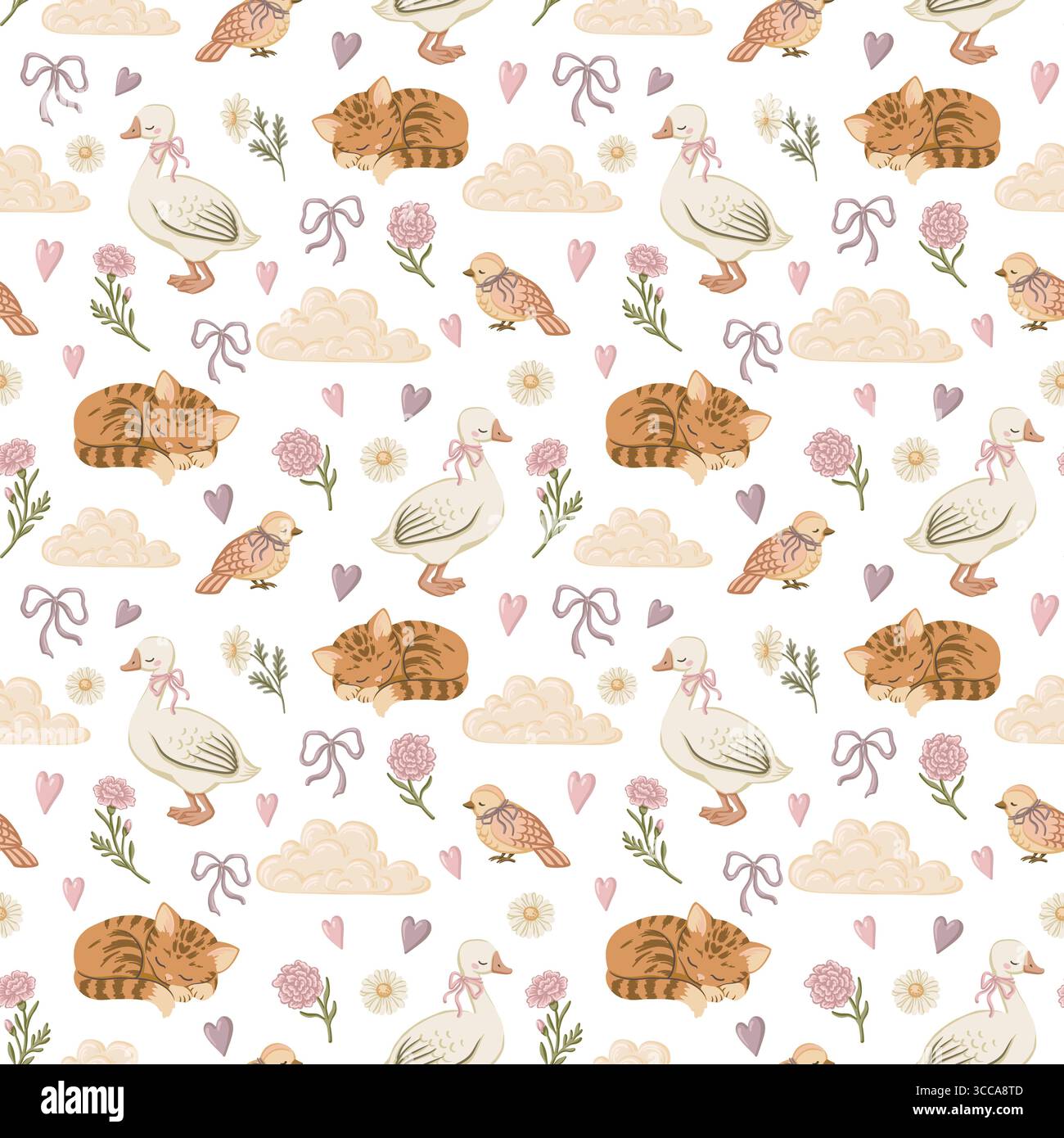 Mignon chat endormi oie et oiseau dans un motif sans couture d'animal de ferme pastel. Style coquette dessiné à la main avec fleur et noeud ruban. Idéal pour le textile et Illustration de Vecteur