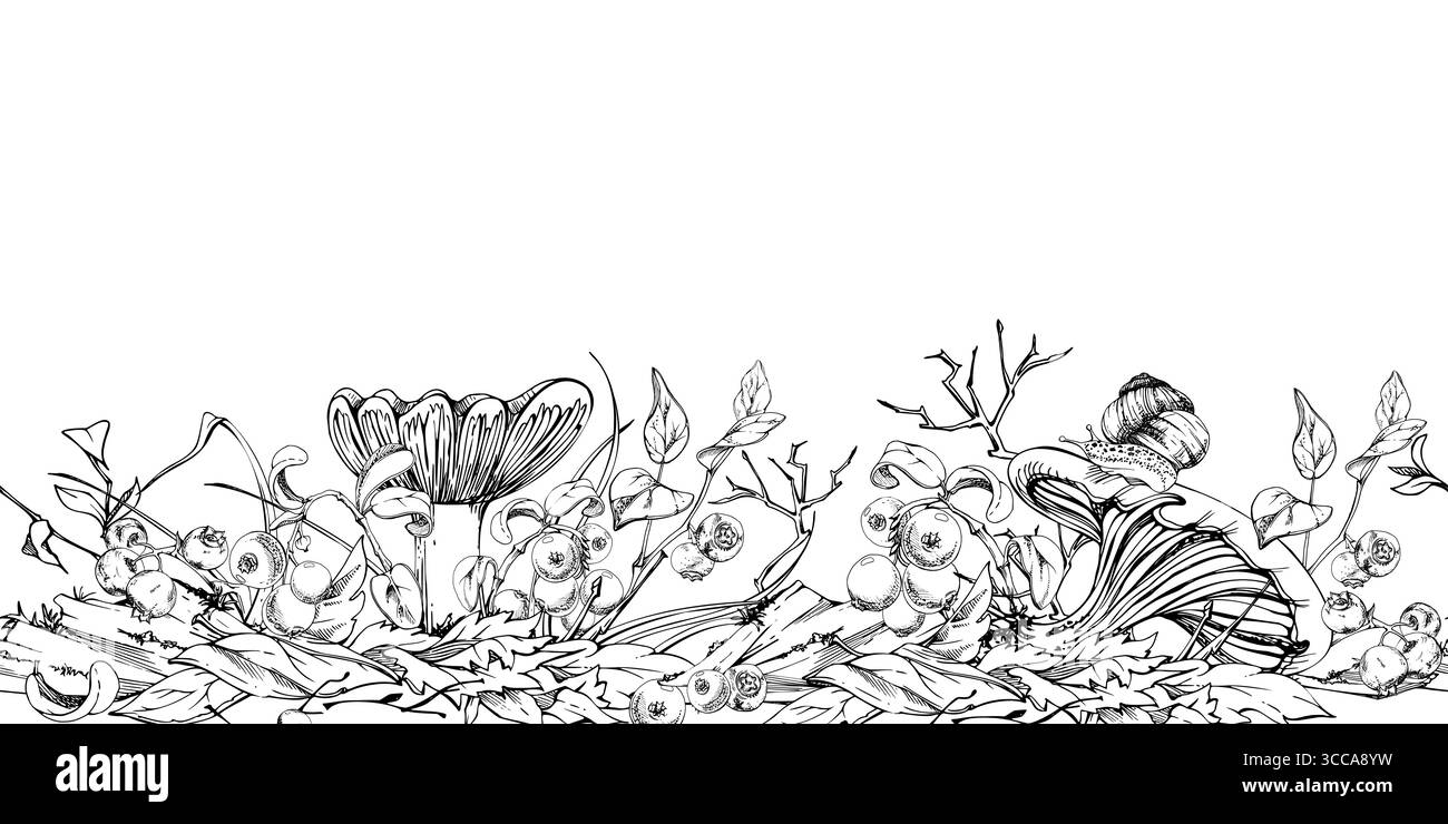 Russula webcap cortinarius champignon, escargot rampant sur le chapeau, mûre de canneberge sur le dessus de feuilles d'automne tombées pile, rameaux de baies. Champignons naturels Illustration de Vecteur