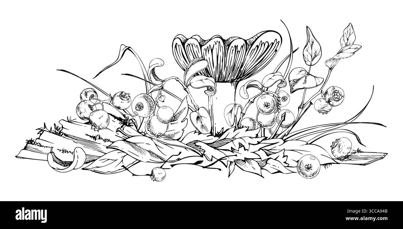 Champignon Russula cortinarius webcap, myrtille mûre canneberge branches d'airelle sur le dessus des feuilles d'automne tombées empilées avec des brindilles. Plancher forestier Illustration de Vecteur