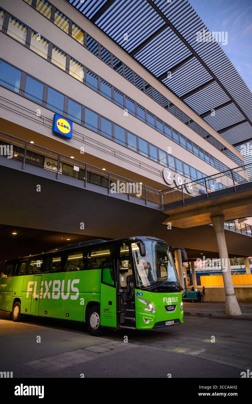Parking de bus FlixBus, compagnie allemande populaire qui offre le transport interurbain à bas coûts dans le monde entier, à la gare centrale de Munich à Munich, Allemagne sur 1 Banque D'Images