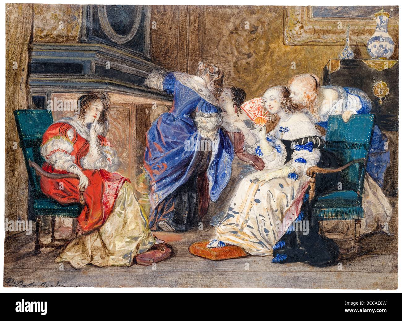 Paul Delaroche, femmes dans un intérieur, aquarelle à la gouache au crayon, 1825-1835 Banque D'Images