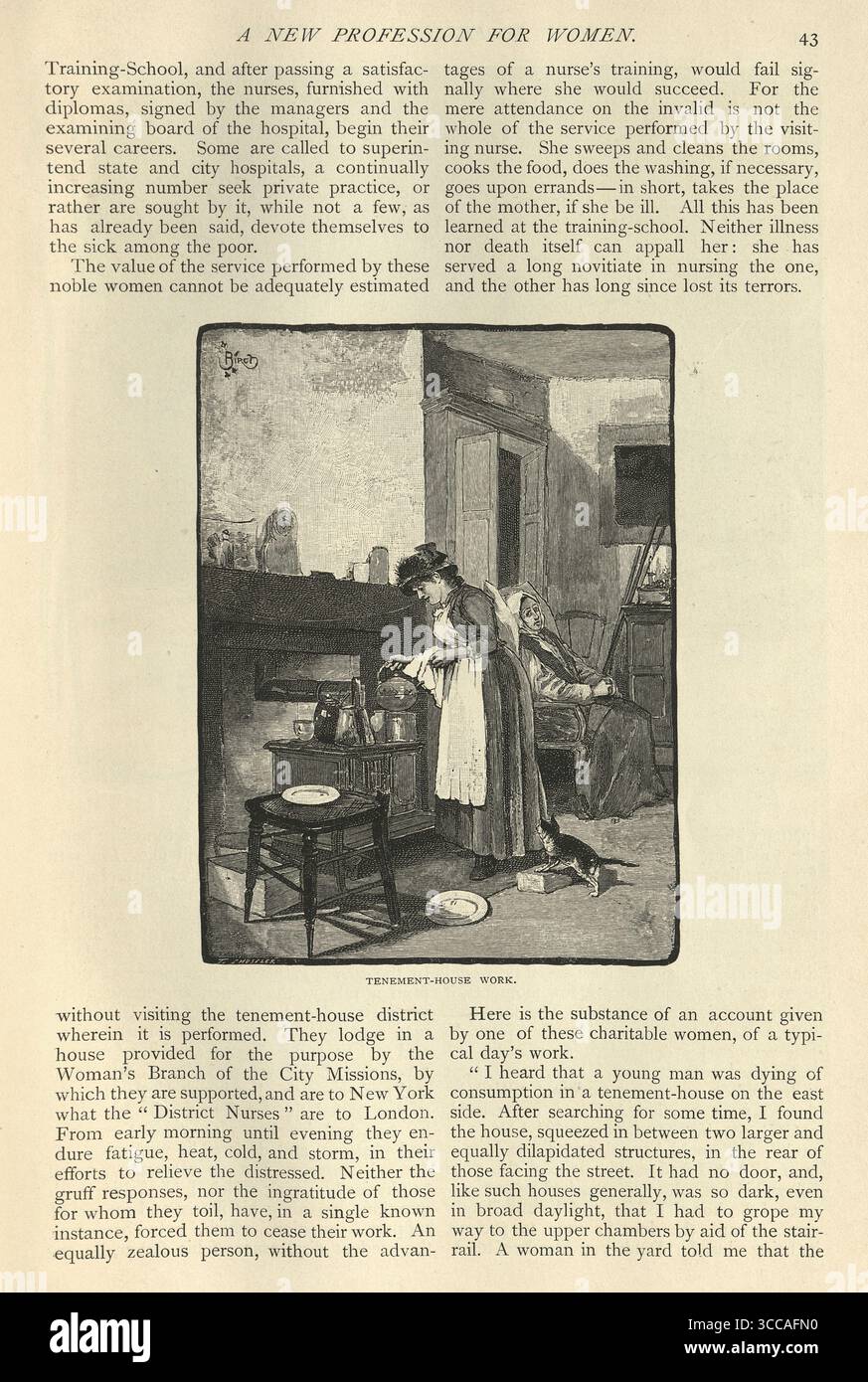 Infirmière de district aidant une femme malade dans une maison d'habitation, New York, illustration vintage victorienne, XIXe siècle années 1880 Banque D'Images Infirmière de district aidant une femme malade dans une maison d'habitation, New York, illustration vintage victorienne, XIXe siècle années 1880 Banque D'Images