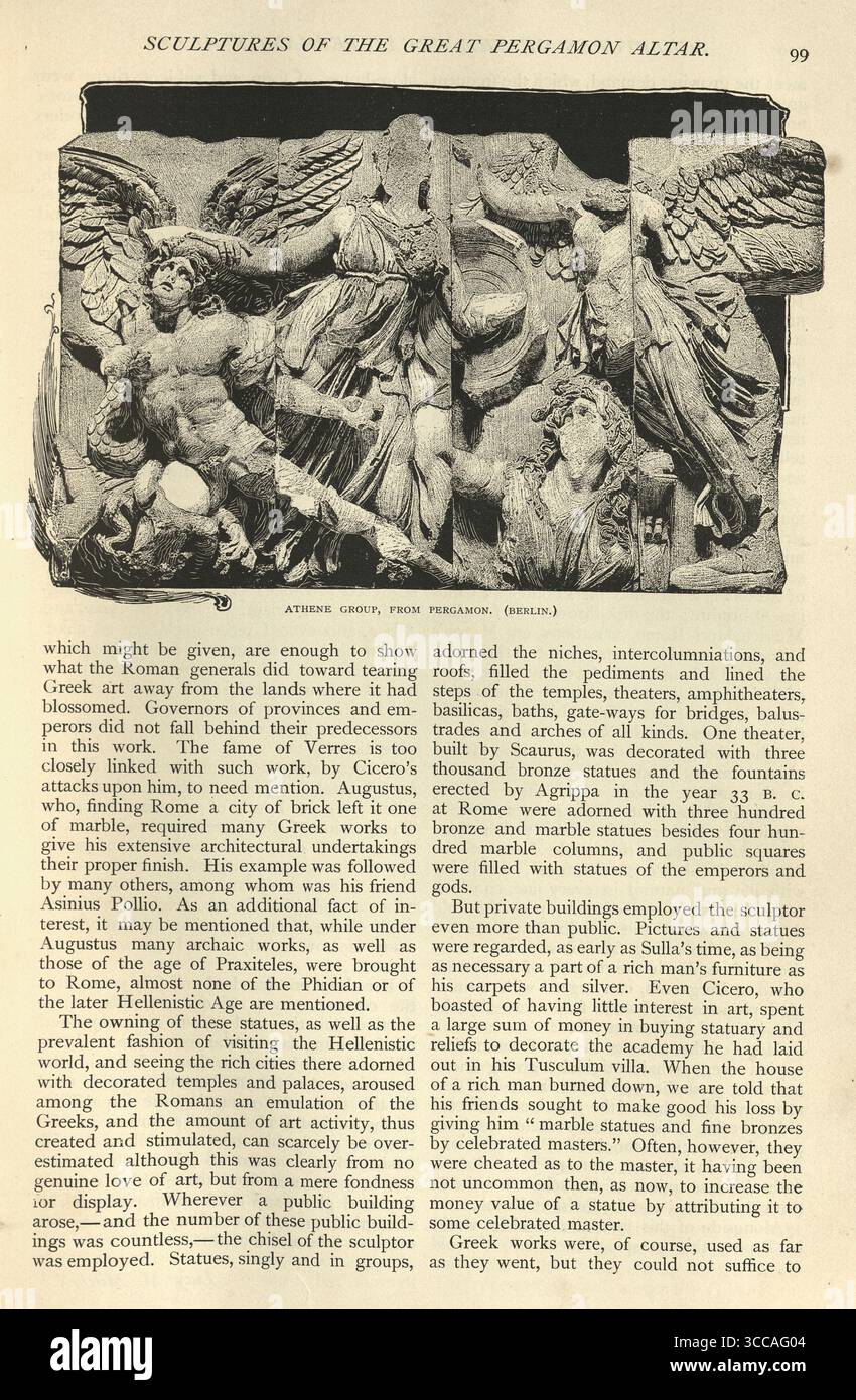 Grèce antique, groupe d'Athéna, sculpture grecque du Grand autel de Pergame, illustration vintage du XIXe siècle Banque D'Images Grèce antique, groupe d'Athéna, sculpture grecque du Grand autel de Pergame, illustration vintage du XIXe siècle Banque D'Images