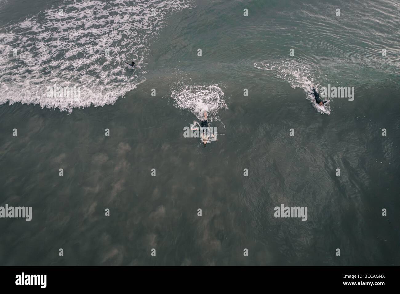 Vue aérienne de surfeurs chevauchant les vagues avec de l'eau blanche mousseuse contrastant avec l'océan sombre, Mandurah, Australie occidentale, Australie. Banque D'Images