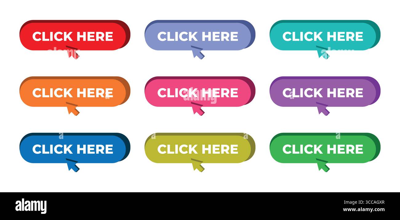 Collection de boutons colorés cliquez ici avec des curseurs de souris Illustration de Vecteur