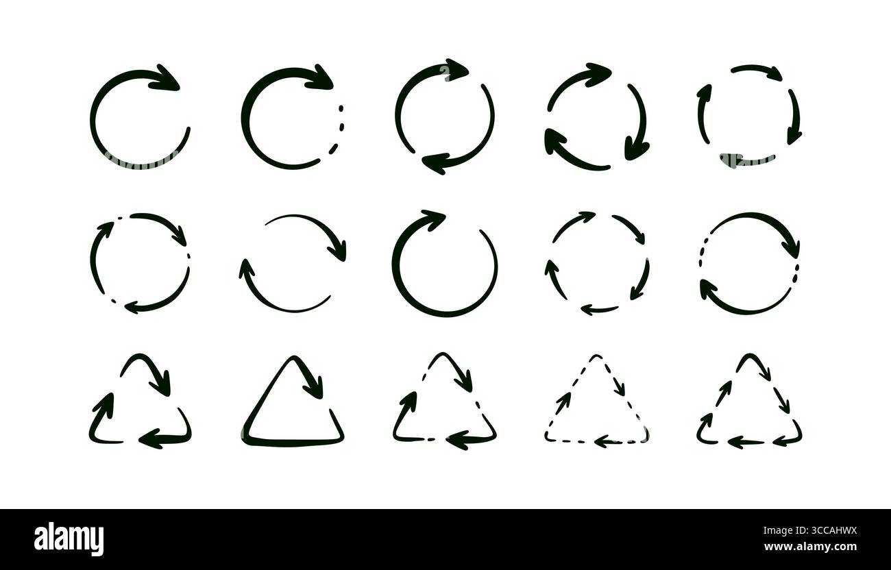 Jeu d'icônes de flèche circulaire d'esquisse dessinée à la main. Symbole de recet d'écriture manuscrite, recyclage, rechargement, synchronisation. Rotation dans le sens horaire. Gribouillage au crayon Illustration de Vecteur
