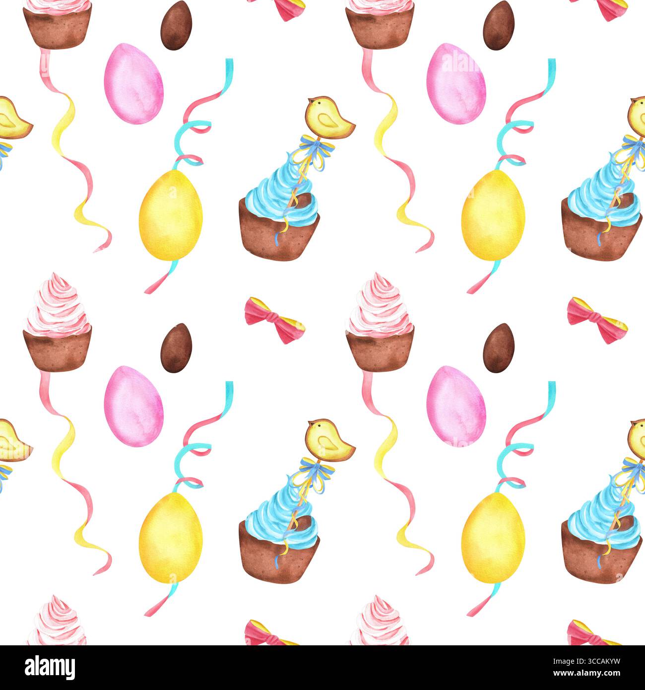 Cupcakes aquarelle avec crème rose et turquoise, œufs jaunes, roses et chocolat, noeuds noués, rubans streamer et biscuits d'oiseau dans un motif sans couture. Banque D'Images