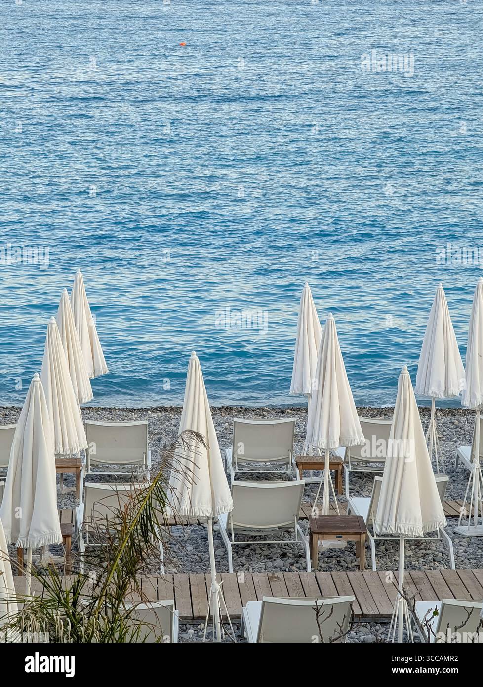 Scène matinale tranquille sur l'emblématique plage de galets de Nice, Côte d'Azur, avec des parasols blancs fermés et des chaises longues vides. Banque D'Images