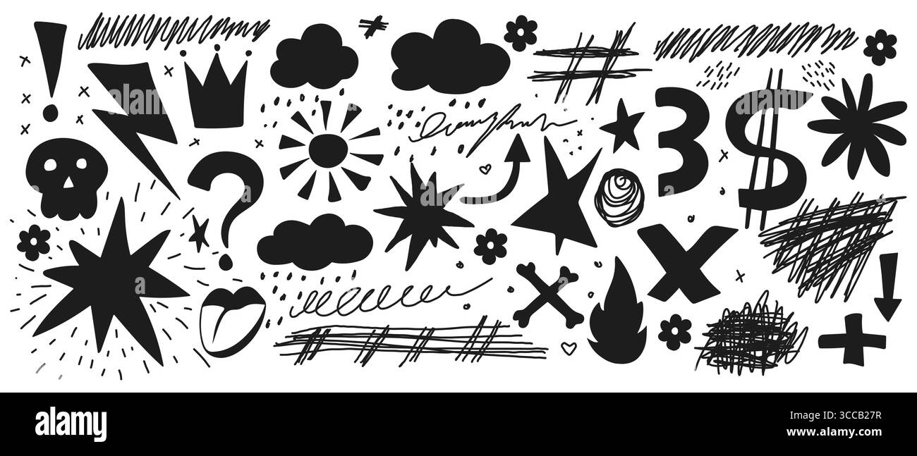 Abstrait éléments dessinés à la main punk graffiti gribouilles et tourbillons de différentes formes, étoiles de couronne Smileys flèches et divers symboles dessinés à la craie ou Illustration de Vecteur